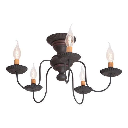 A Thorndale ceiling light in Hartford Black with red stripes, featuring five arms with E12/Candelabra sockets and a central poplar hardwood spunning.
