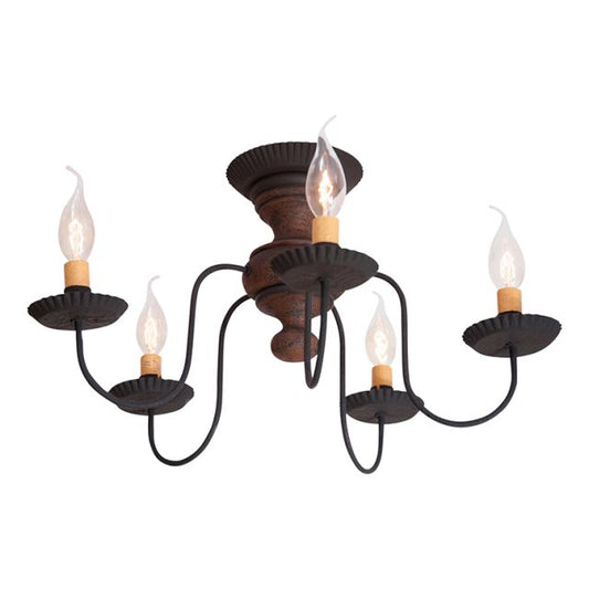 Flushmount wood light with five candelabra bulbs on white background.