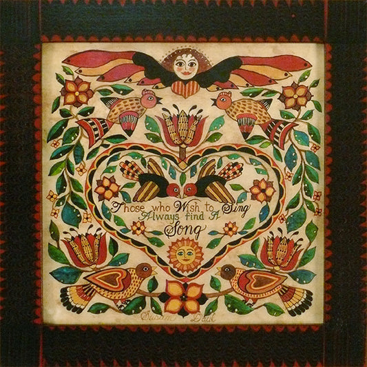A signed and numbered limited edition fraktur print featuring a heart-shaped design with birds, flowers, and a textual phrase.