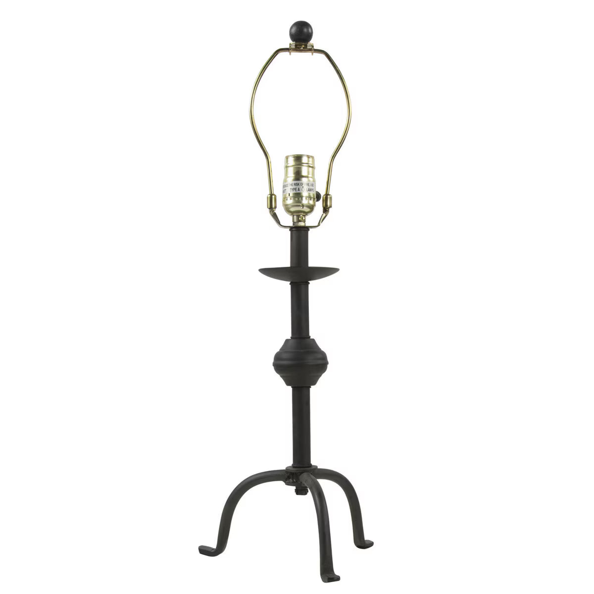 Black metal table lamp with a decorative base on a white background