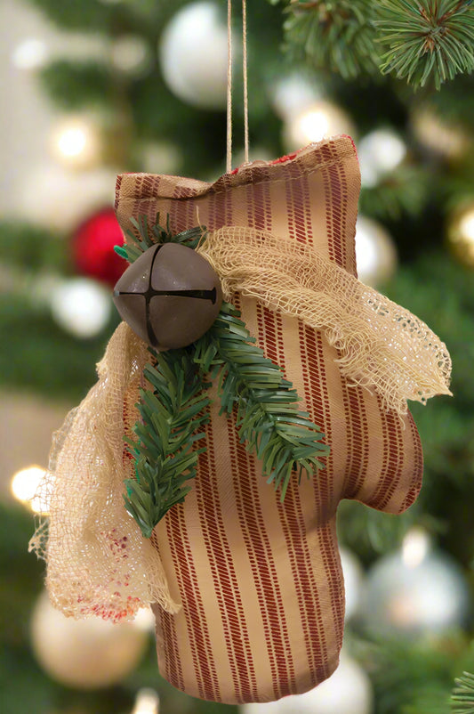 Ticking stripe mitten ornament with bell and greenery