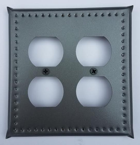 A gray tin double outlet cover with border punch design, featuring eight mounting holes and two screws.