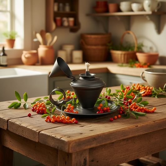 Decorative black teapot on a wooden table with berries and leaves, kitchen setting.