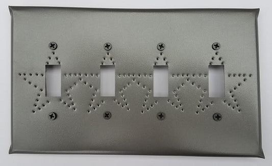 A tin quad switch plate with star punch design, featuring a border and star patterns with visible screw holes.