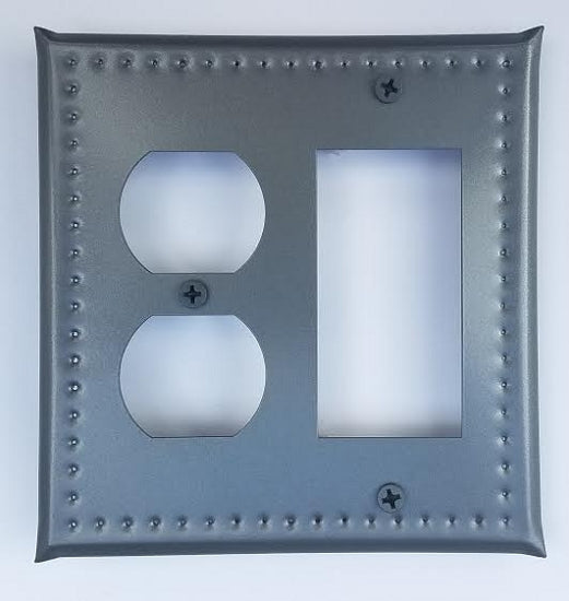A gray metal tin single outlet/single ground fault combo with a solid pattern and no visible branding.