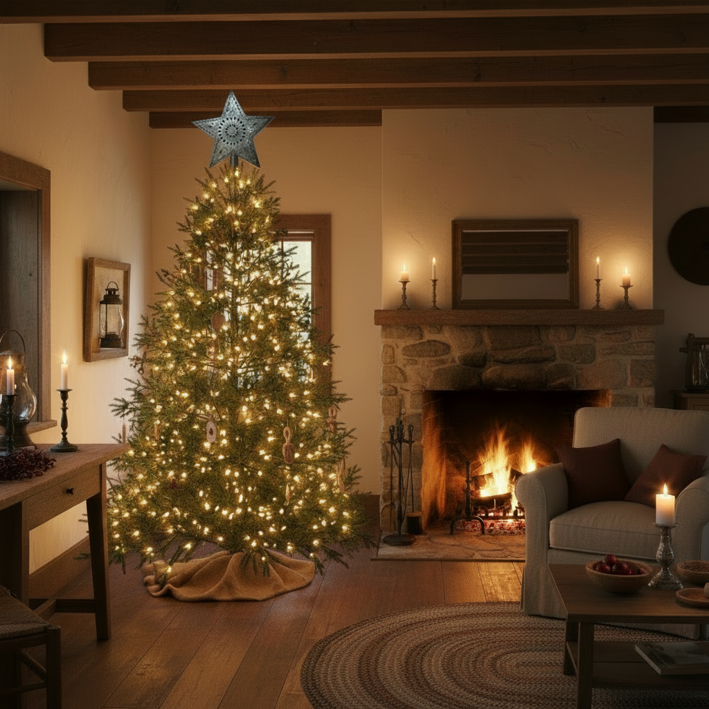 Decorated Christmas tree in a living room with a fireplace and candles.