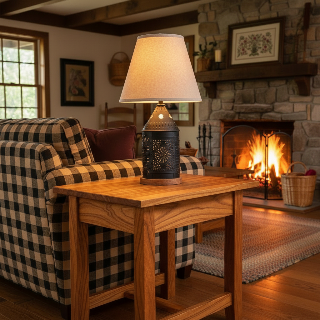 Wooden side table with a lamp in a cozy living room setting.