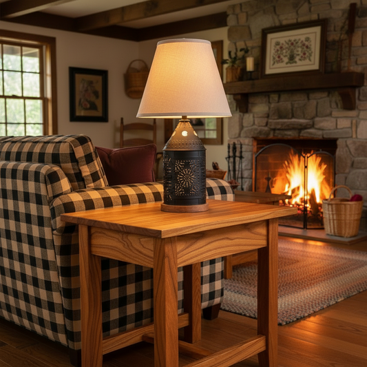 Wooden side table with a lamp in a cozy living room setting.
