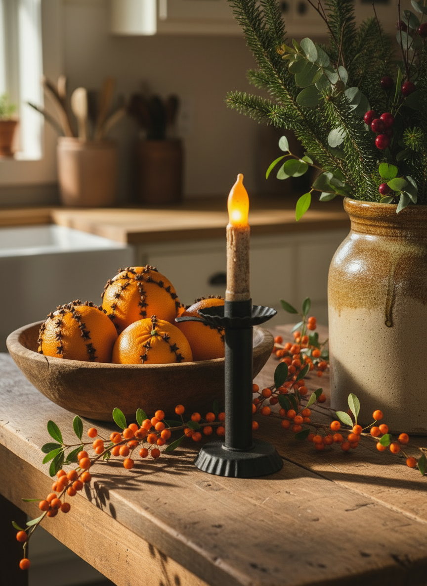 Candle on a wooden table with decorative pumpkins, berries, and a vase.