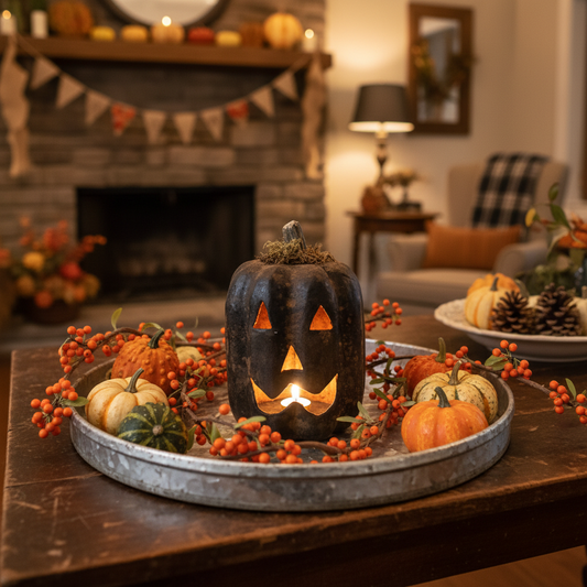 Halloween-themed decor with a jack-o'-lantern, pumpkins, and berries on a wooden table.