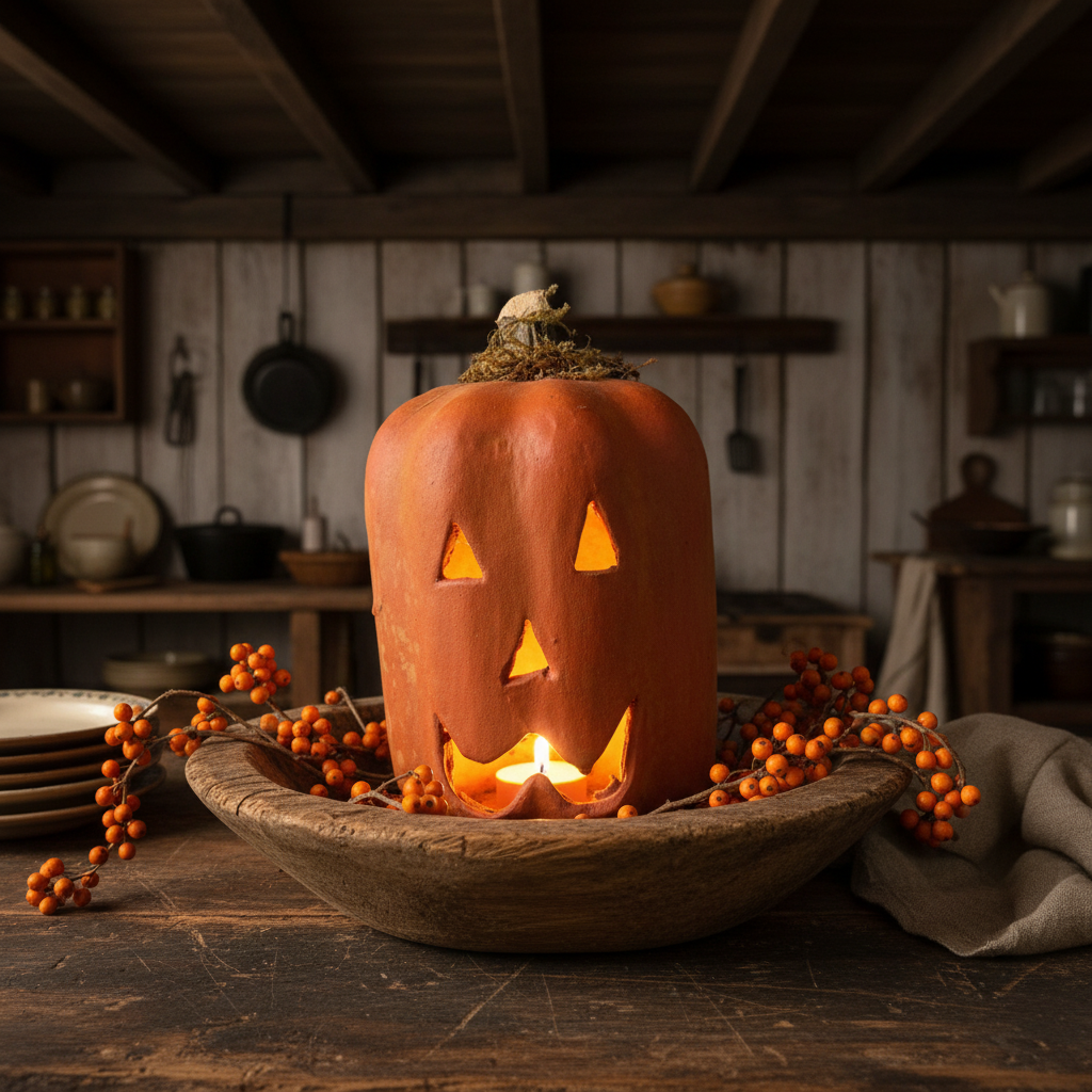 Carved pumpkin with a candle inside on a wooden table in a rustic kitchen setting.