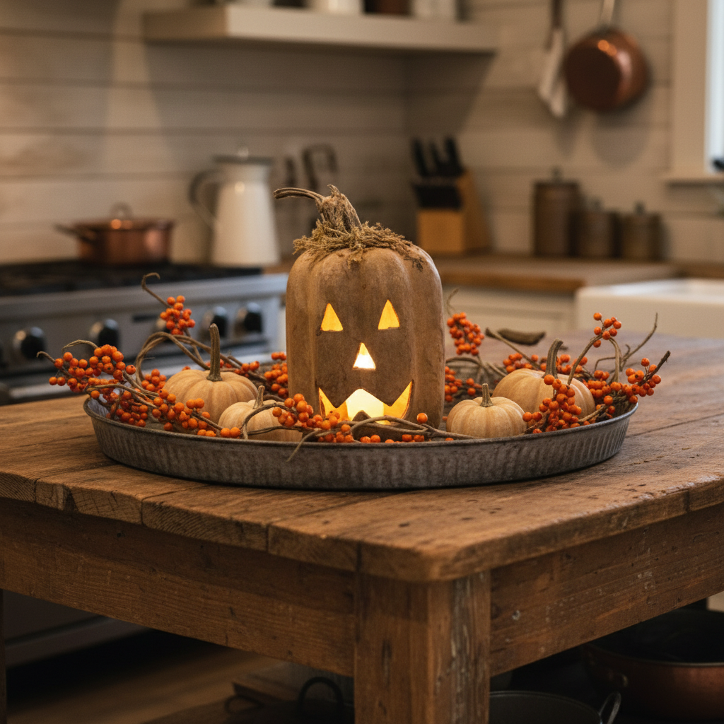 Decorative arrangement with pumpkins and berries on a wooden table in a kitchen.