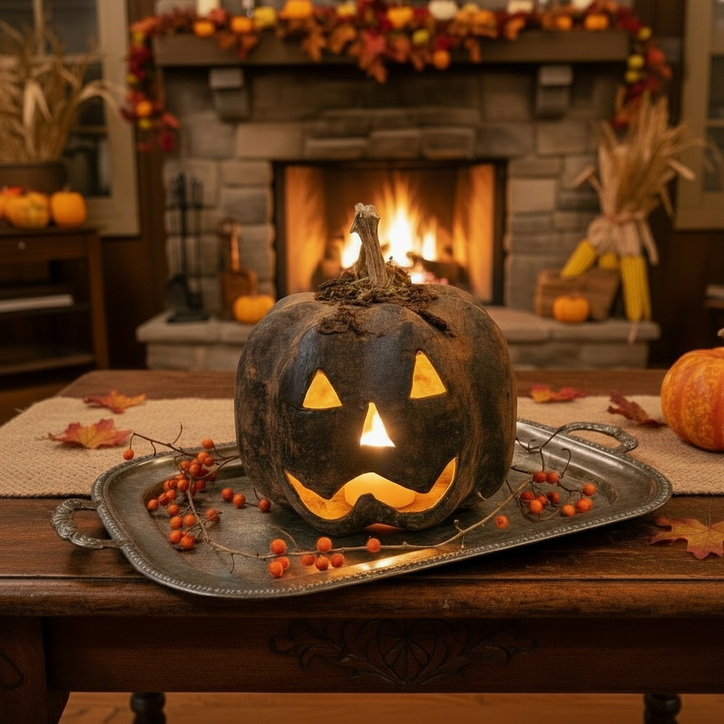 Carved pumpkin with a lit candle on a metal tray in front of a fireplace