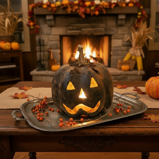 Carved pumpkin with a lit candle on a metal tray in front of a fireplace