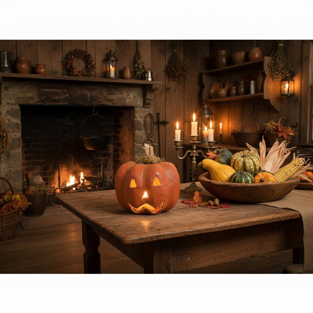 Halloween-themed room with a carved pumpkin, candles, and autumn decorations in a rustic setting.