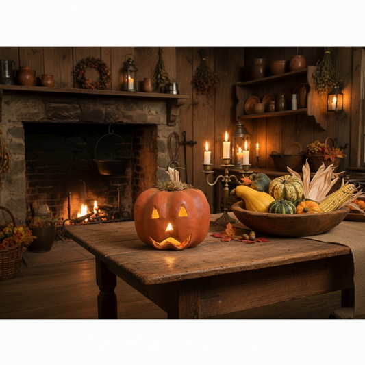 Halloween-themed room with a carved pumpkin, candles, and autumn decorations in a rustic setting.