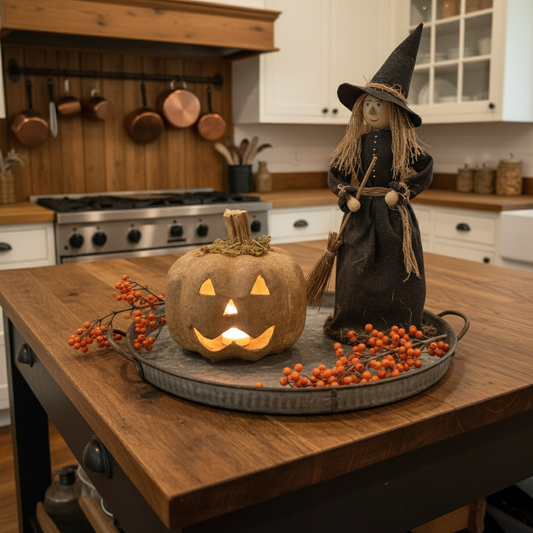 Halloween-themed decor with a jack-o'-lantern and witch figurine on a kitchen island.