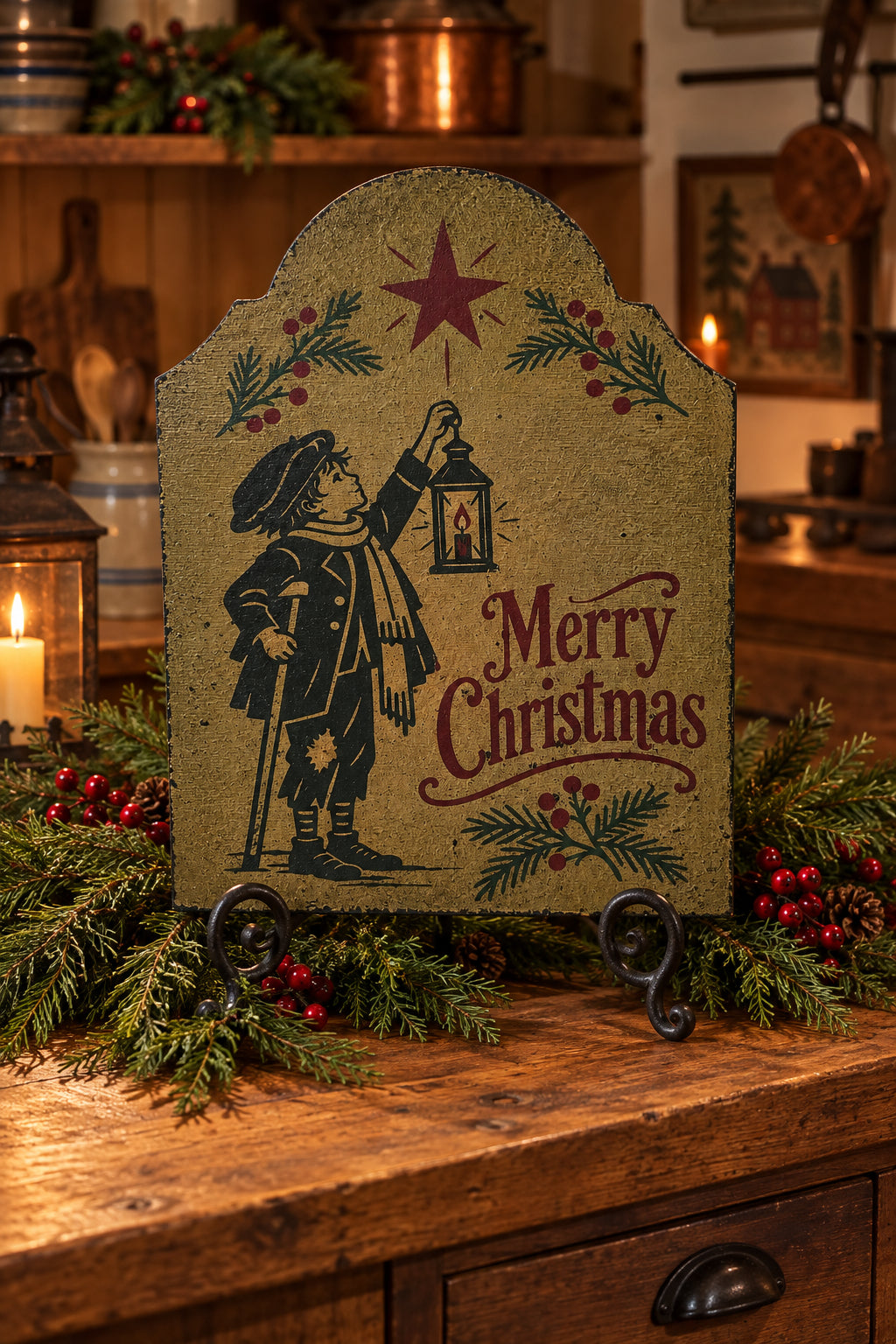 A vintage-style Christmas wooden sign with an arched top, featuring a dark navy illustration of a child holding a lantern, red berries, pine branches, a red star, and the words 'Merry Christmas' on a distressed tan background.
