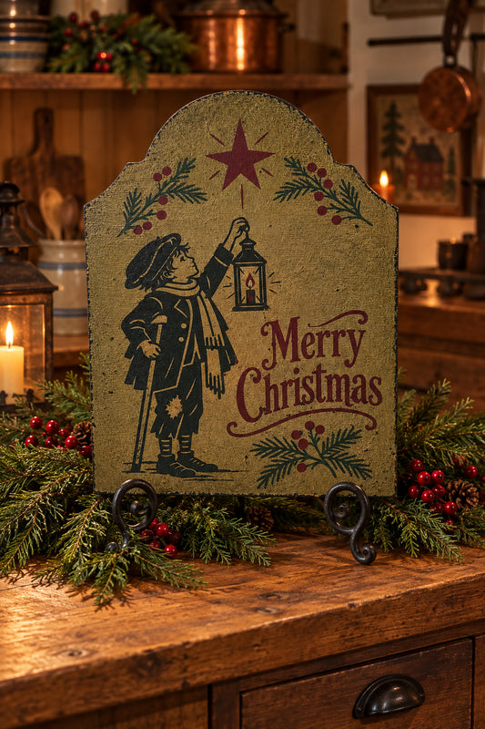 A vintage-style Christmas wooden sign with an arched top, featuring a dark navy illustration of a child holding a lantern, red berries, pine branches, a red star, and the words 'Merry Christmas' on a distressed tan background.