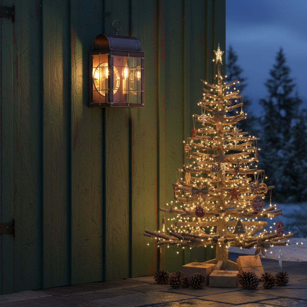 Decorated Christmas tree with lights and ornaments on a porch at night, illuminated by a lantern.