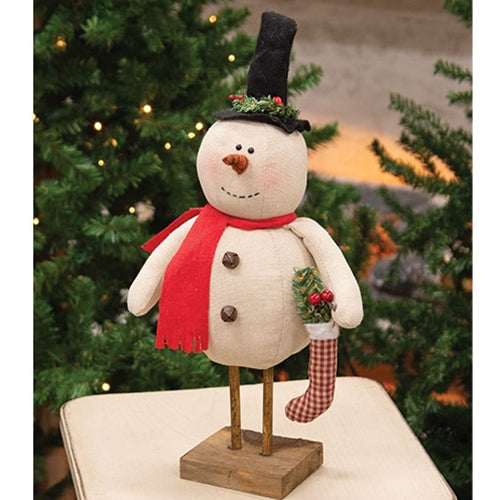 Decorative snowman figure with a red scarf and black top hat in front of a Christmas tree.