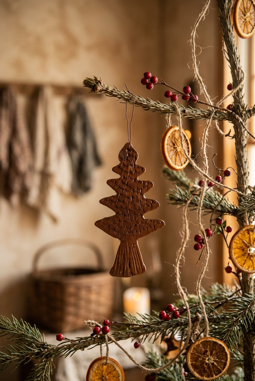 Evergreen tree-shaped redware ornament with a glossy brown glaze, etched branch and trunk details, and a hanging cord.