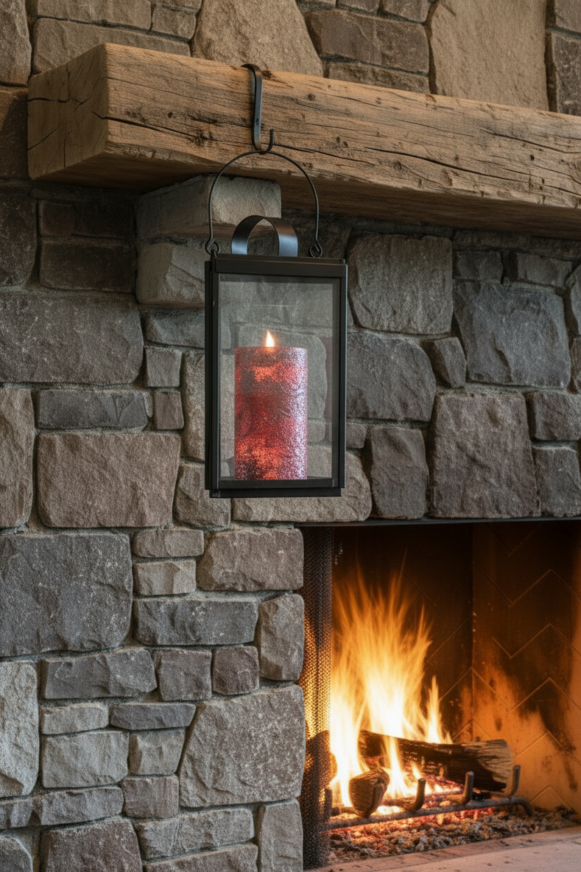 Lantern with a red candle hanging above a stone fireplace with flames.