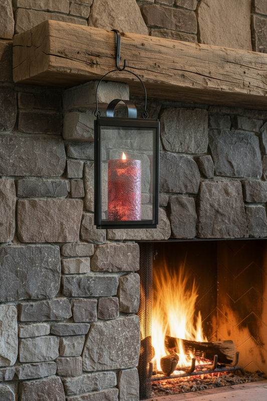 Lantern with a red candle hanging above a stone fireplace with flames.