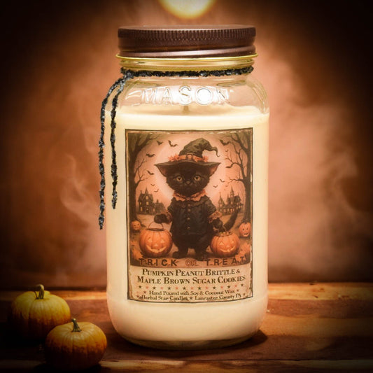 Candle in a mason jar with a Halloween-themed label featuring a black cat and pumpkins, surrounded by small pumpkins on a wooden surface.