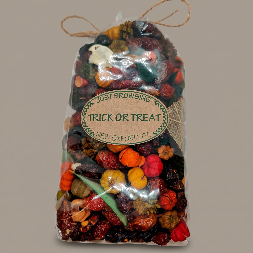 A clear plastic bag filled with a colorful assortment of dried Halloween treats and candy corn, tied with twine at the top and labeled 'Just Browsing Trick or Treat New Oxford, PA'.