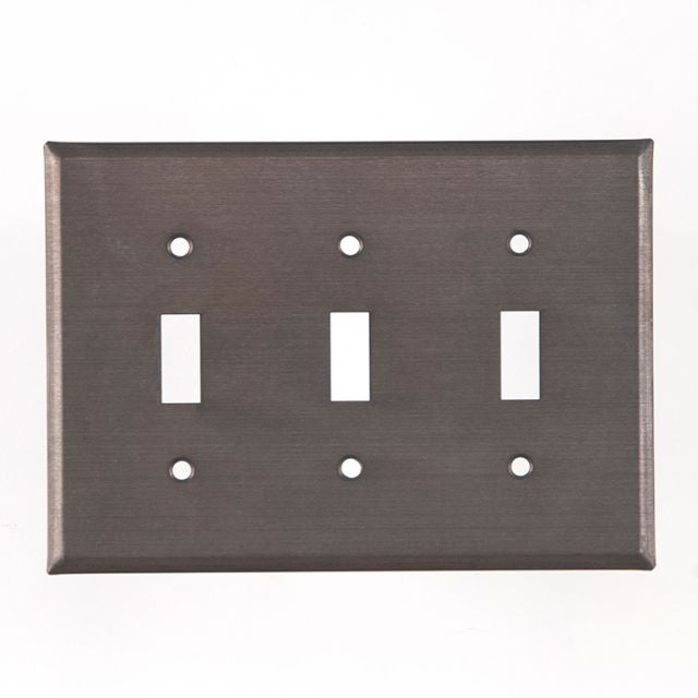 A kettle black finish triple switch cover for wall plates, featuring three cut-outs for switches or outlets and a matte lacquer protective coating.