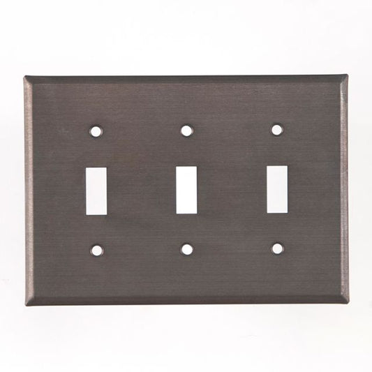 A kettle black finish triple switch cover for wall plates, featuring three cut-outs for switches or outlets and a matte lacquer protective coating.