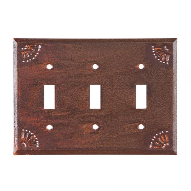 A rustic style triple switch cover made of tin with a matte lacquer protective coating, featuring a chisel design around the edges.