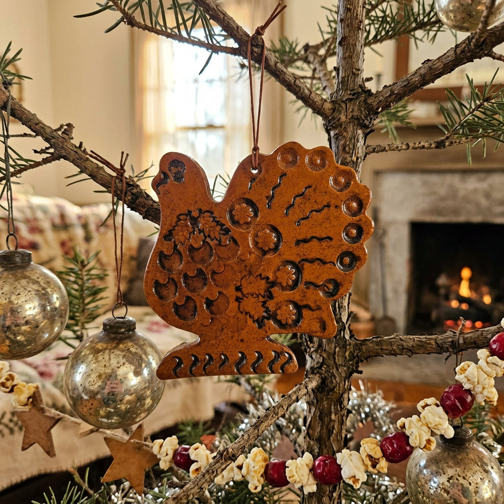 Turkey-shaped redware ornament with a glossy brown glaze, a fanned tail, stamped floral and feather details, and a hanging cord.