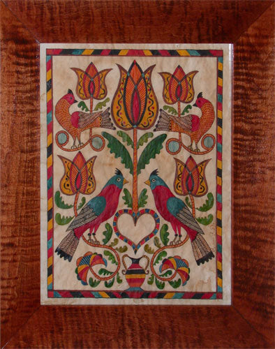 Framed print of a fraktur with bird and tulip motif