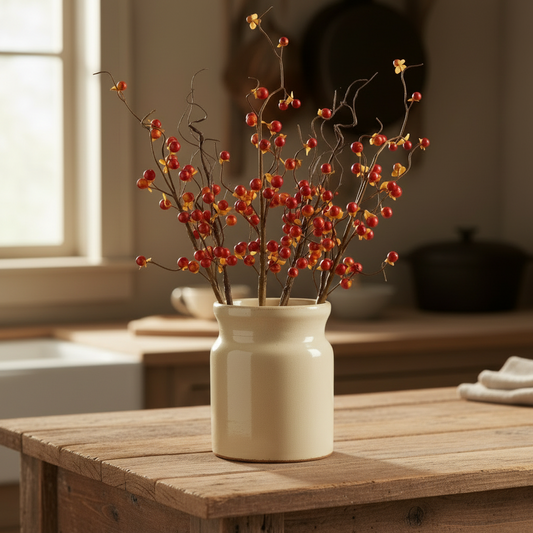 Decorative branches with red berries in a white vase on a wooden table.