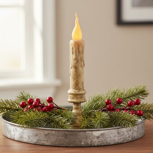 Decorative candle with greenery and berries on a metal tray in a home setting