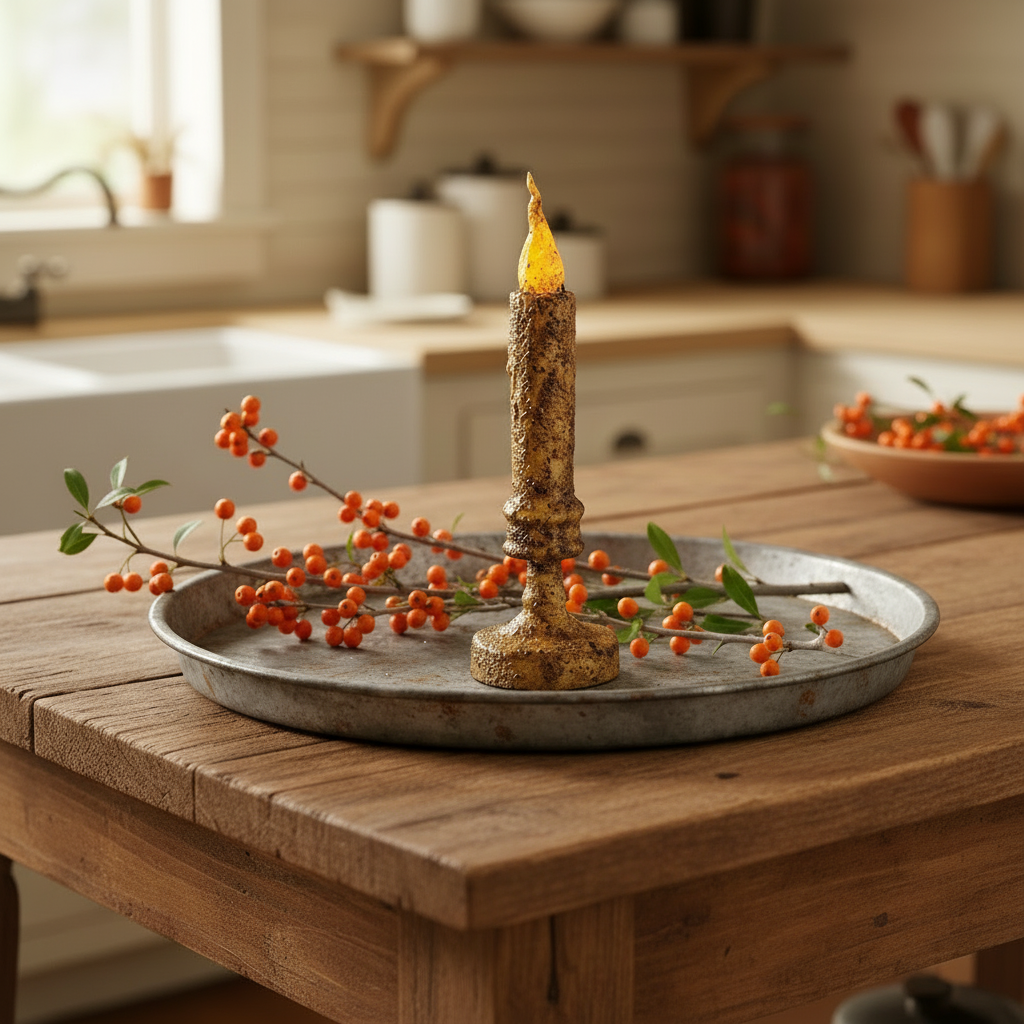 Decorative candle and branches on a metal tray on a wooden table in a kitchen.