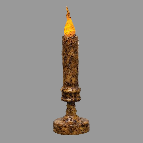 Rust-colored candle with a flame on a gray background