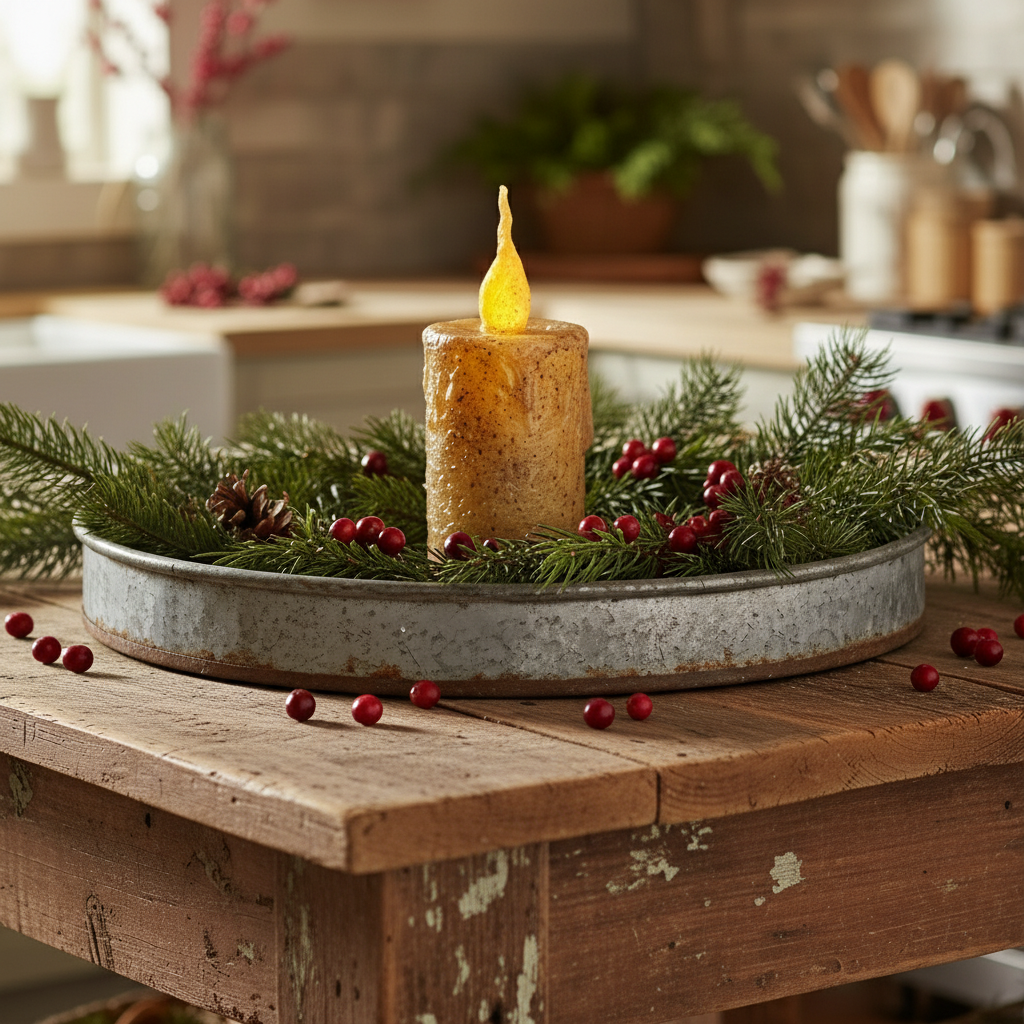 Decorative candle with greenery on a wooden surface in a kitchen setting