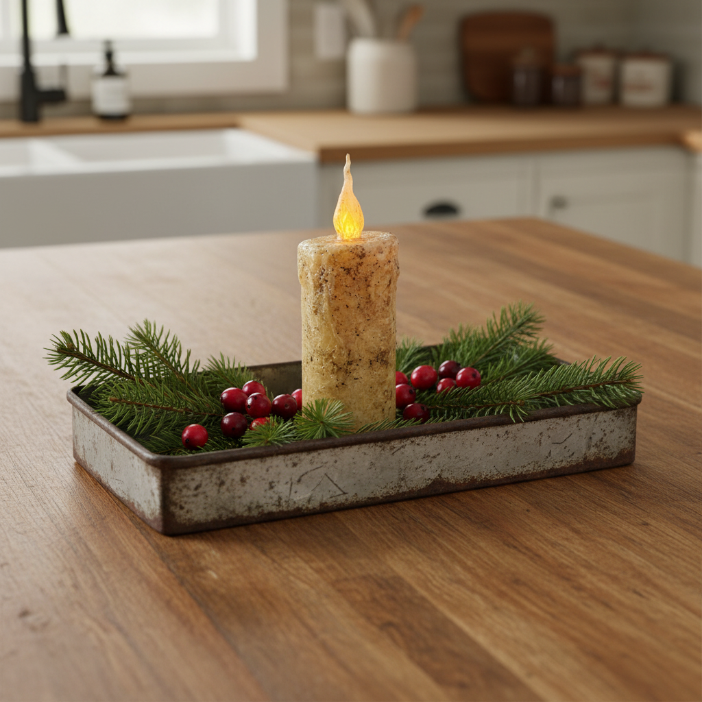 Decorative candle with greenery and berries on a wooden surface