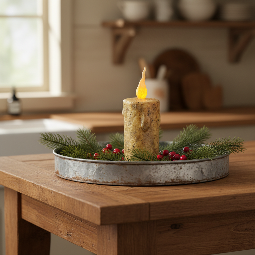 Decorative candle with greenery on a metal tray in a kitchen setting