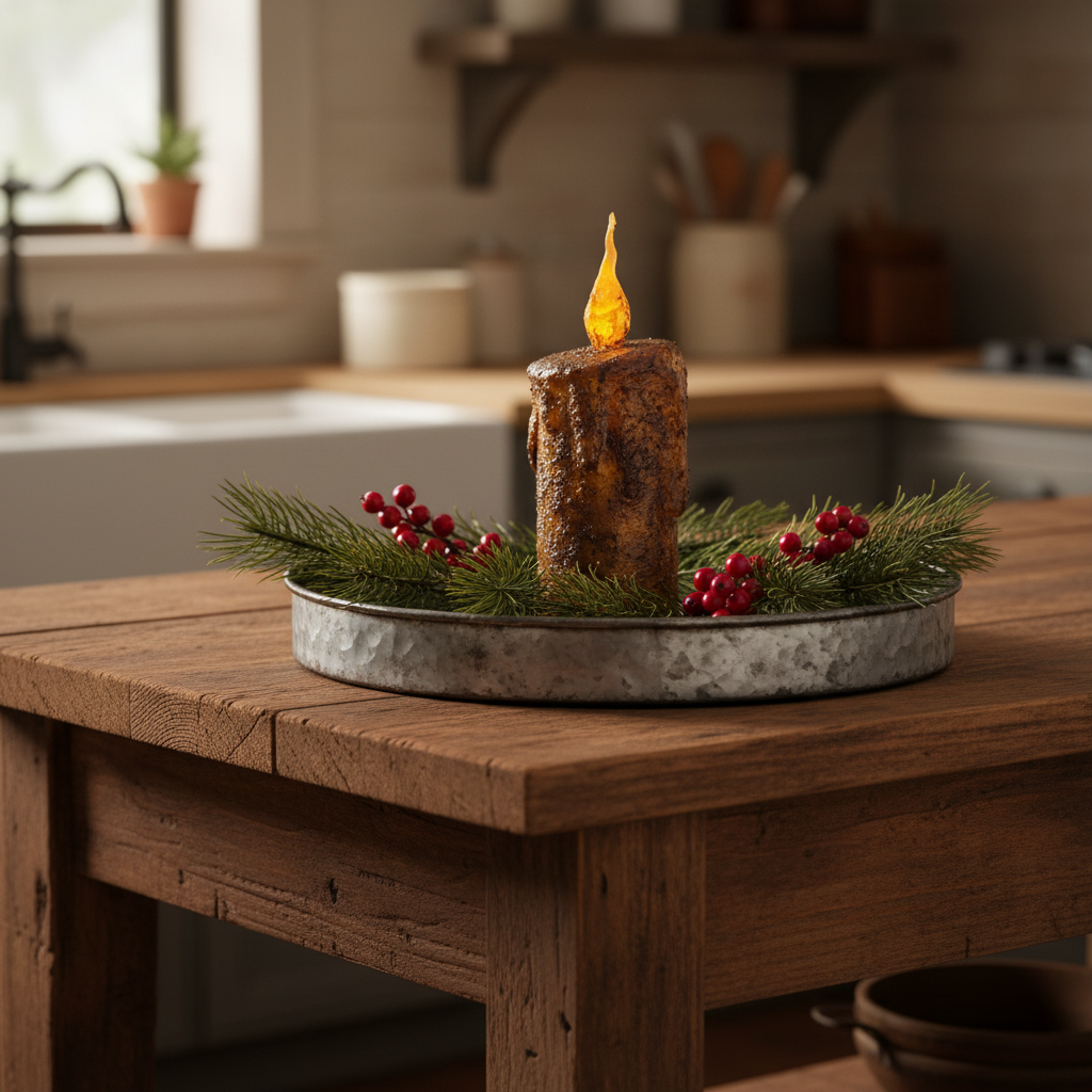 Decorative candle with greenery on a wooden table in a kitchen setting