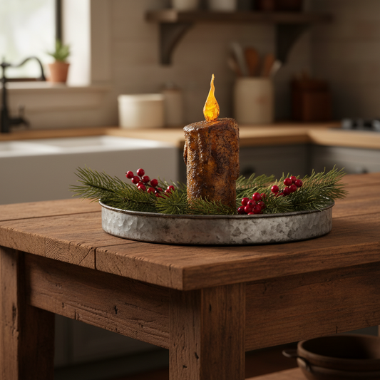 Decorative candle with greenery on a wooden table in a kitchen setting