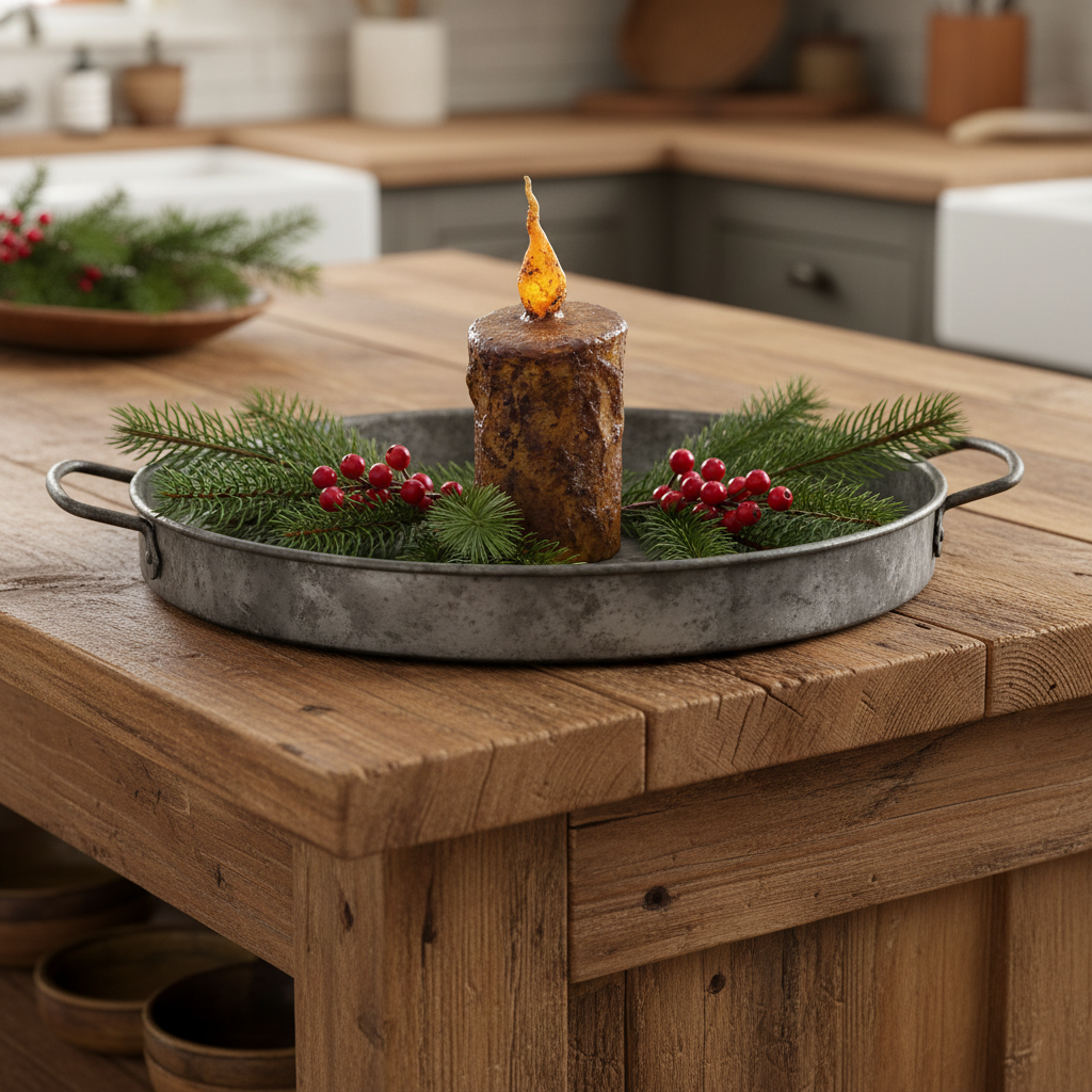 Decorative tray with candle and greenery on a wooden table