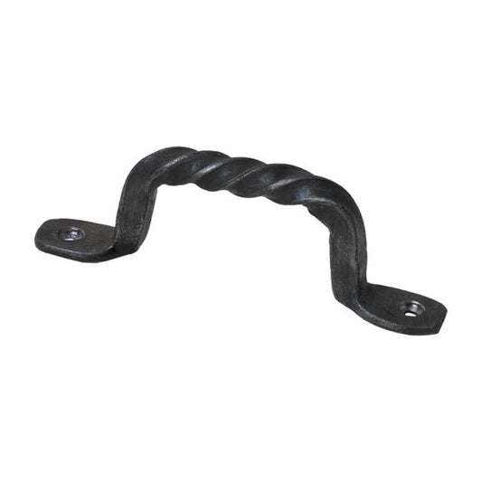 A twisted wrought iron cabinet pull handle with an antique finish, featuring a decorative twist on the handle, mounted on a flat surface.