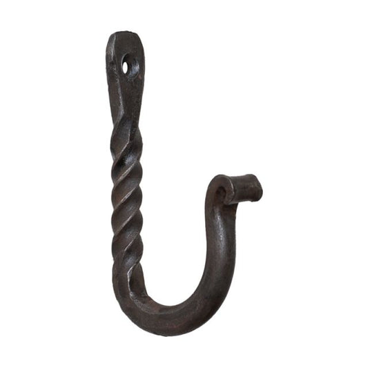 A twisted wrought iron wall hook with a loop at the top for hanging.