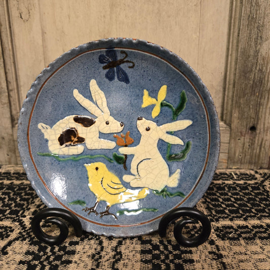 Vibrant blue redware plate with bunny and chick motif