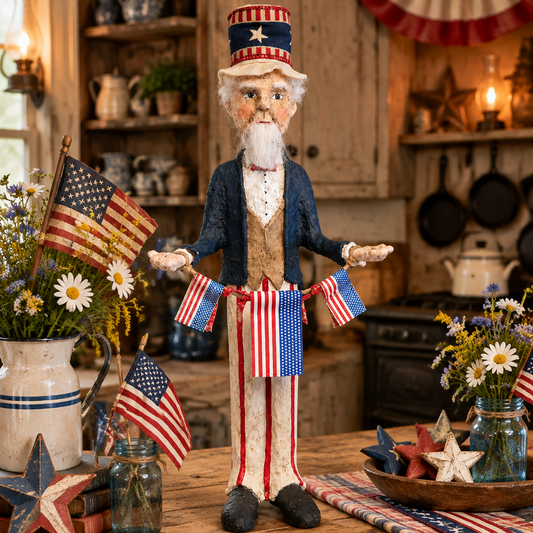 Papier mache Uncle Sam holding a flag banner in a primitive kitchen decorated for the July 4th holiday.