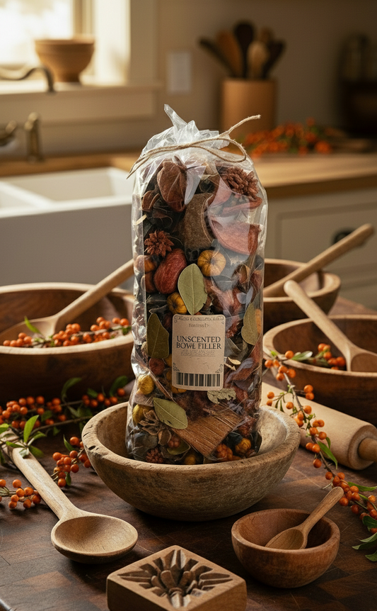 Bag of potpourri on a kitchen counter with wooden bowls and spoons.
